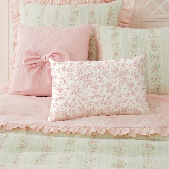 Coquette Lumbar Pillow Pink Floral Toile Decorative Pillow for Dorm Girl Room Decor Back to Campus Messy Coquette Aesthetic Grand Millennial
