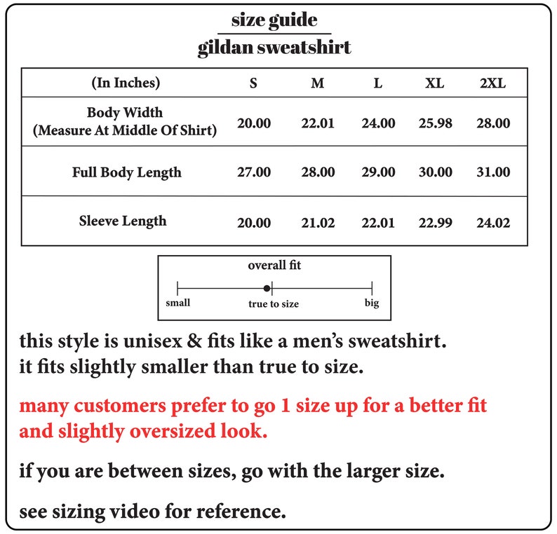 Pode incluir: Guia de tamanhos para uma camisola Gildan, mostrando as medidas em polegadas para a largura do corpo, o comprimento total do corpo e o comprimento da manga para os tamanhos S, M, L, XL e 2XL. O guia tamb&eacute;m observa que o estilo &eacute; unissex e se ajusta como uma camisola para homem, mas se ajusta ligeiramente mais pequeno do que o tamanho real. Muitos clientes preferem subir um tamanho para um melhor ajuste e um visual ligeiramente oversized.