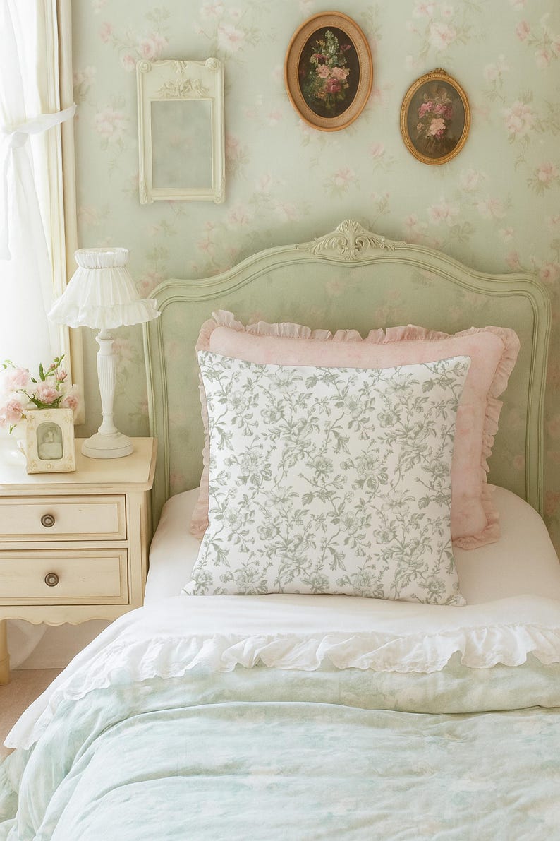 May include: A bedroom scene with a light green headboard and floral wallpaper. A bed is made with a white comforter, a floral patterned pillow, and a pink ruffled pillow. A white nightstand with a lamp and framed photo sits beside the bed.