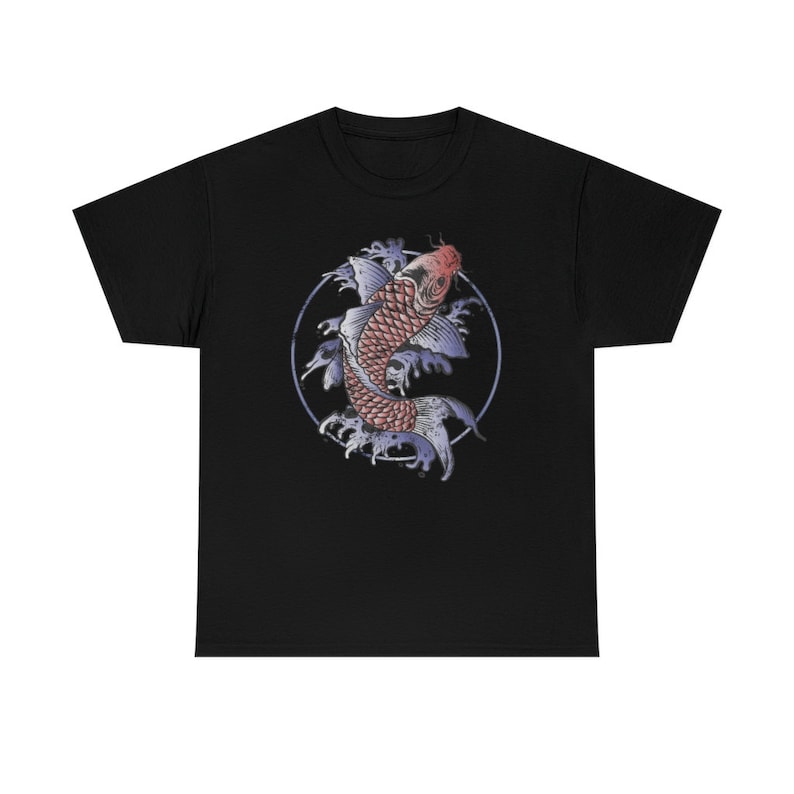 May include: Black t-shirt with a graphic of a red and white koi fish swimming in a circle of blue water.