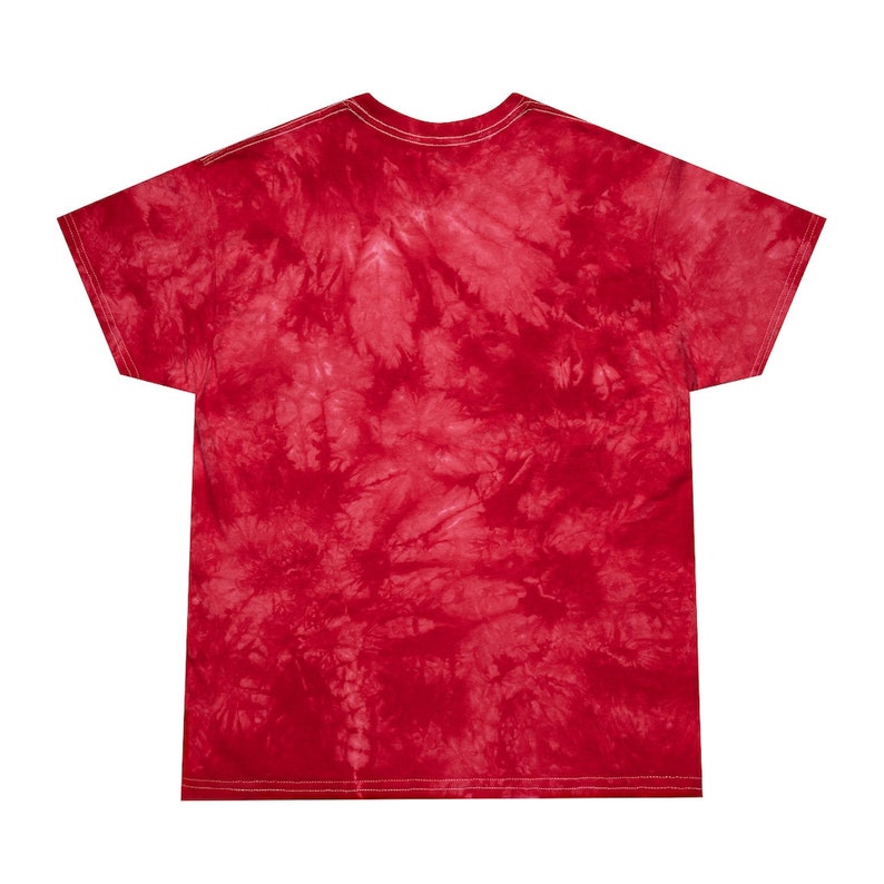 May include: Red tie-dye t-shirt with a crew neck and short sleeves.