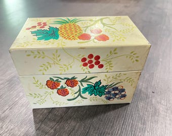 J Chen Vintage Metal Recipe Card Box with Fruit INCLUDES Vintage Recipes Clipped Handwritten