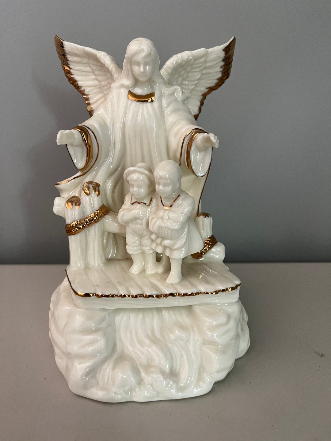 1997 Z Lefton Guardian Angel on Bridge Figurine Music Box Amazing Grace Vintage Etsy