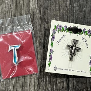 2 Vintage Religious Lapel Pins: Tau Cross and Crucifix Faith Cross Pin Sanford White Co.