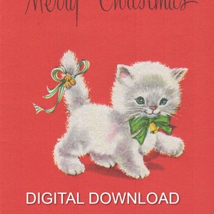 Vintage Christmas Card Decorated Kitten Cat Digital Download JPG File Greeting Card Ephemera