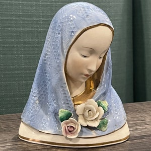 Vintage Virgin Mary Sanmyro Japan Madonna Oxidized Porcelain Roses Bust Figurine