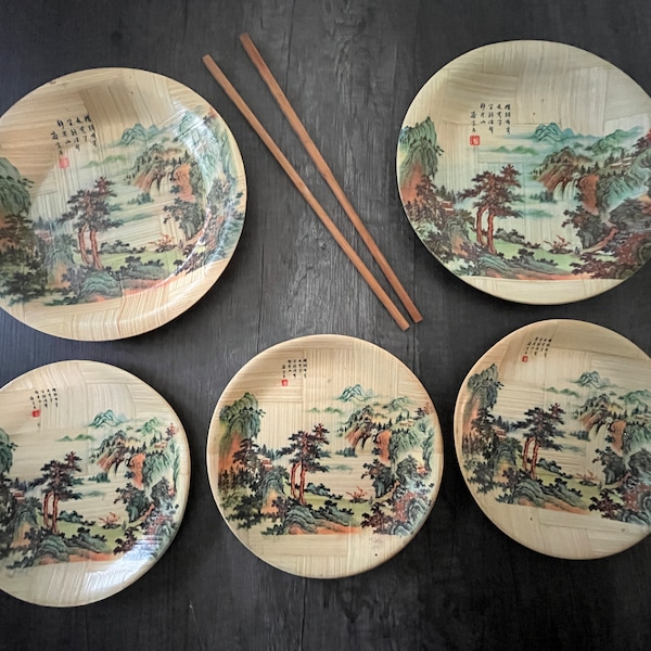 Set of 5 Handpainted Bamboo Plates Waterfall Taiwan PLUS Chopsticks Chi Hsien Scenery in Arts Exhibition
