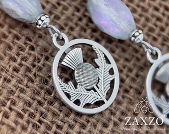 Scottish Thistle Charm Platinum Post Earrings and Enchanting Czech Bead. Great Scotland Anniversary or Bridesmaids Gift.