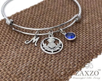 Silver Bangle with Scottish Thistle, Monogram and Birthstone Charms. Scotland Pendant with Chain Included. Highland Bracelet Gift.