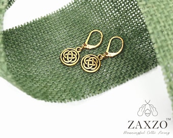 Small Irish Gold Dara Lever Back Earrings. Celtic Eternity Knot Jewelry. Jewelry Gift Box Included.