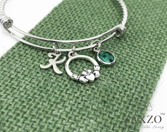 Irish Claddagh Bangle. Gaelic Silver Initial Bracelet. Celtic Birthstone Jewelry Gift.