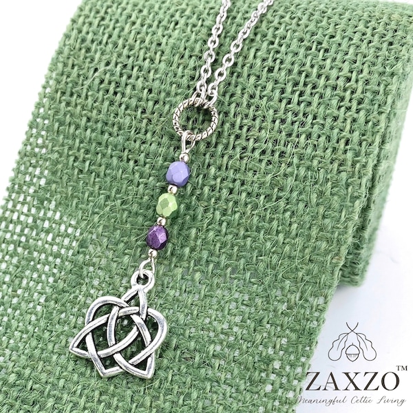 Celtic Silver Sister Knot Necklace with Purple Fire Polished Czech Beads. Irish Jewelry Gift.