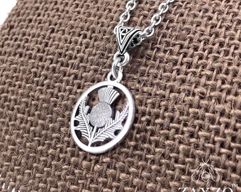 Scottish Thistle Charm Necklace on Trinity Bail. Scottish Flower Charm Necklace. Scottish Jewelry Gift.