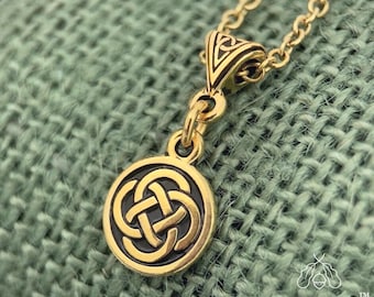 Small Irish Gold Dara Charm Necklace. Cable Link Chain and Jewelry Gift Box included. Celtic jewelry gift.