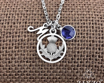 Silver Scottish Thistle Necklace with Birthstone and Initial. Gaelic Charm Necklace Jewelry. Highland Valentines Gift.