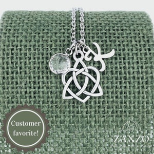 Silver Celtic Sister Knot Charm Necklace with Initial and Birthstone. Irish Custom Bridal shower Jewelry Gift.