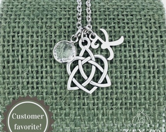 Silver Celtic Sister Knot Charm Necklace with Initial and Birthstone. Irish Custom Bridal shower Jewelry Gift.