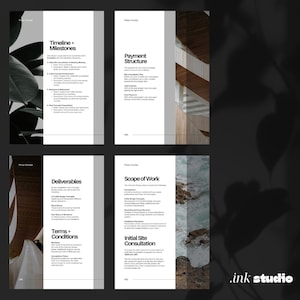 May include: A series of six white and gray brochures with black text, showcasing project concepts. The brochures feature text such as "Project Costs," "Timeline + Milestones," and "Scope of Work." The background includes architectural and natural elements.