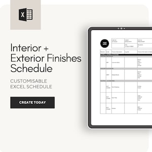 May include: A customizable Excel spreadsheet template for interior and exterior finishes schedules. The template includes sections for masonry brickwork, masonry blockwork, and roofing accessories. The template is designed to help users create professional-looking schedules for their projects.