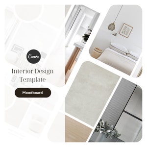 May include: Interior design mood board featuring images of a bedroom, a kitchen, a bathroom, and a living room. The mood board is in a minimalist style with a neutral colour palette.