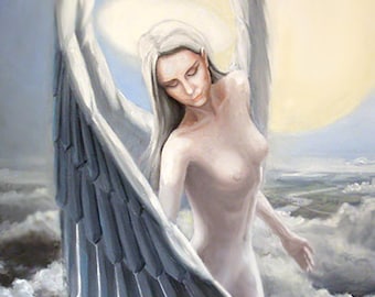 May include: An oil painting of a nude figure with large white wings, set against a backdrop of clouds and a bright yellow sun. The figure has long white hair and is looking down. The painting is framed in a gold-colored frame.