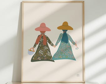 Whimsical Two Sisters Folk Art Print Cottagecore Decor Illustration Heartfelt Sister Gift Best Friend Birthday Gift Feminine Art
