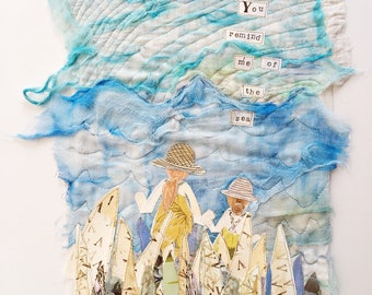 Blue Ocean Textile Wall Art Seaside ORIGINAL Textile Wall Hanging Quilted Wall Hanging Embroidered Wall Art Boho Wall Art Eclectic Decor