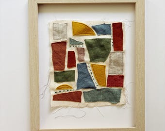 Textile Wall Art Abstract Fabric Collage Modern Patchwork Living Room Art Minimalist Decor Hand Embroidery Linen Wall Hanging Framed 11 x 14