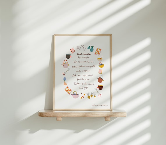 Slow living Print Bookish Decor Farmhouse Kitchen Decor Cozy Whimsical Reading Nook Decor Cottagecore Book Lover Gift Folk Art Nursery