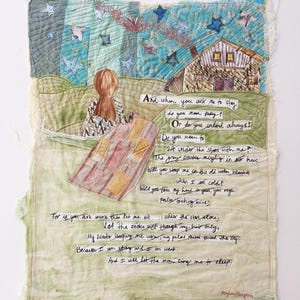 Textile Art Handmade Textile Tapestry Fabric Wall Hanging Mixed Media Collage Quilt Embroidered Wall Art Poem Artwork Heartfelt Folk Art