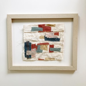 Textile Wall Art FRAMED 11 x 14 Original Linen Fabric Wall Art Brick Red Blue Teal Abstract Modern Patchwork Unique Contemporary Fiber Art