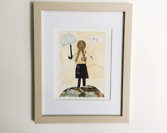 FRAMED Wall Art 11 x 14 inch Original Art, Mixed Media Art, Joy, Whimsical Art, Girl Nursery Art, Fabric + Paper Collage, Girl with Umbrella