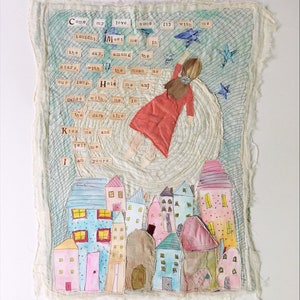 Handmade Textile Art Wall Decor Fabric Mixed Media Fabric Wall Hanging Embroidered Wedding Gift Anniversary Whimsical Style Fiber Piece Love