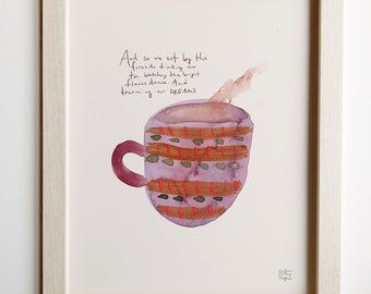 Tea ART PRINT Vintage Tea Cup Poem Wall Art Dream Watercolor Painting Purple Cup Kitchen Art Tea Time Folk Art Whimsical Tea Lover Gift