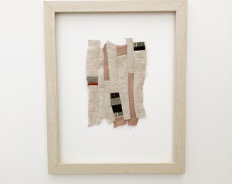 Original Textile Wall Art- Stitched Abstract Linen Collage- Framed Organic Patchwork Quilt -Earthy Tones Neutral Bedroom Minimalist Handmade