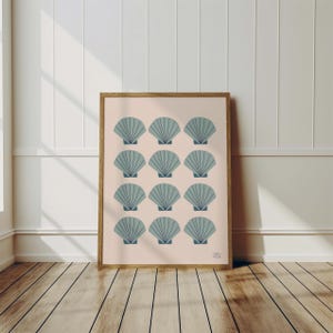 Seashells Wall Art Blue Shell Print Ocean Beach House Decor Nautical Art Hand Drawn Seashell Motif Classic Coastal Kitchen Wall Art Seaside