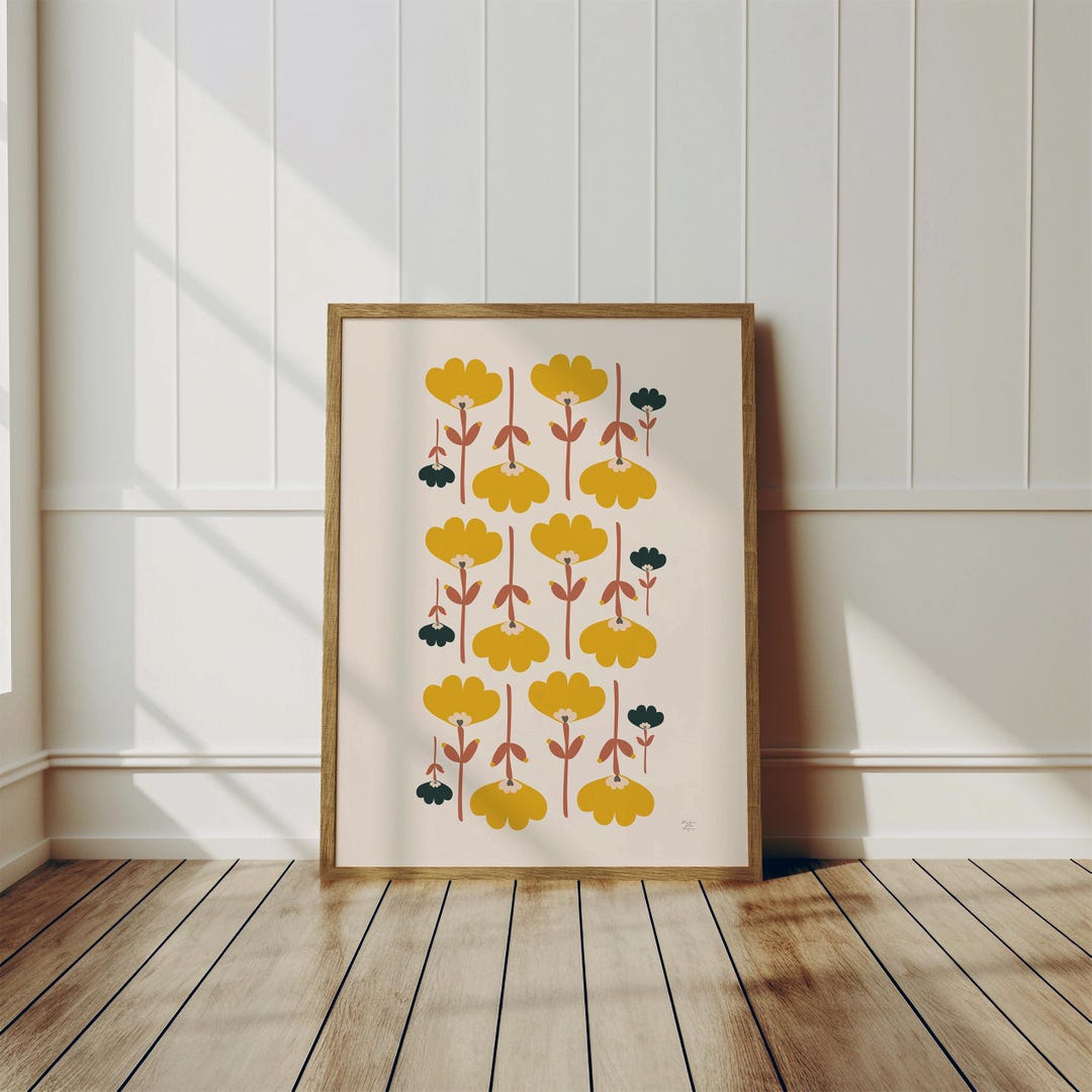 Modern Floral Wall Art Yellow Flower Pattern Botanical Folk Art Print ...