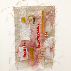 Textile Wall Art ORIGINAL Framed Fabric Art Collage Abstract Art Quilt Embroidered Art Textured Fabric Art Modern Mixed Media Pink Wall Art