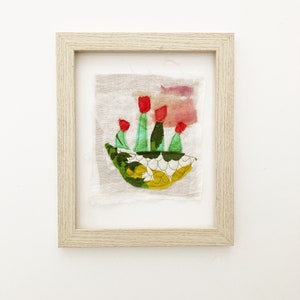 Botanical Textile Wall Art For Living Room Abstract Flower FRAMED Vintage Fabric Collage Embroidered Plant Wall Decor Bedroom Mixed Media