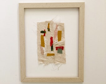 Abstract Textile Wall Art Framed 11x14 Modern Fabric Collage Quilt Original Fiber Art Hand Stitched Modern Living Room Decor Handmade