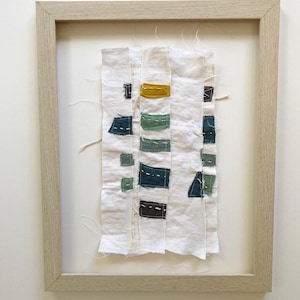 Fabric Artwork Textile Wall Art ORIGINAL Linen Collage FRAMED Embroidered Textured Wall Art Organic Abstract Modern Blue Green Color Palette