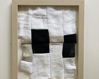 Textile Wall Art Black Beige White Modern Linen Patchwork FRAMED Original Art Fabric Wall Art Neutral Abstract Contemporary Minimalist Fiber