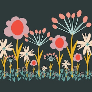 Summer Flower Garden PRINT Bold Wall Art Drawing Vintage Botanical Illustration Boho Wildflower Daisy Art  Colorful Funky Art Floral