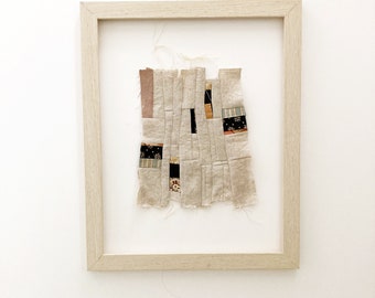 Framed Textile Wall Art: Neutral Linen Patchwork, Organic Textured Abstract (11 x 14 inch) Handmade Original Fabric Collage Artwork