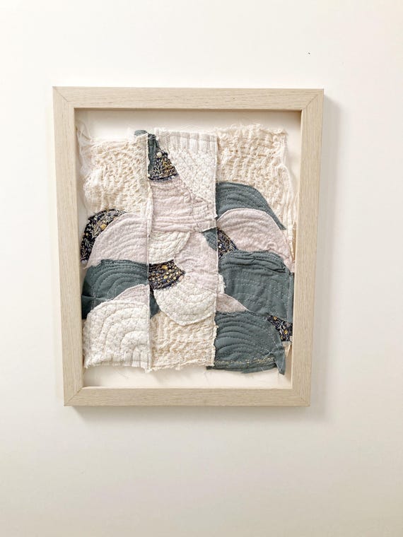 Abstract Textile Wall Art: Framed Fabric Patchwork With Embroidery - Main Image