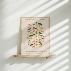 Mushroom Decor ART PRINT Mushroom Motif Fungi Woodland Nursery Art Cottage core Folk Art Vintage Cozy Earthy Mushroom Pattern Bees Forest