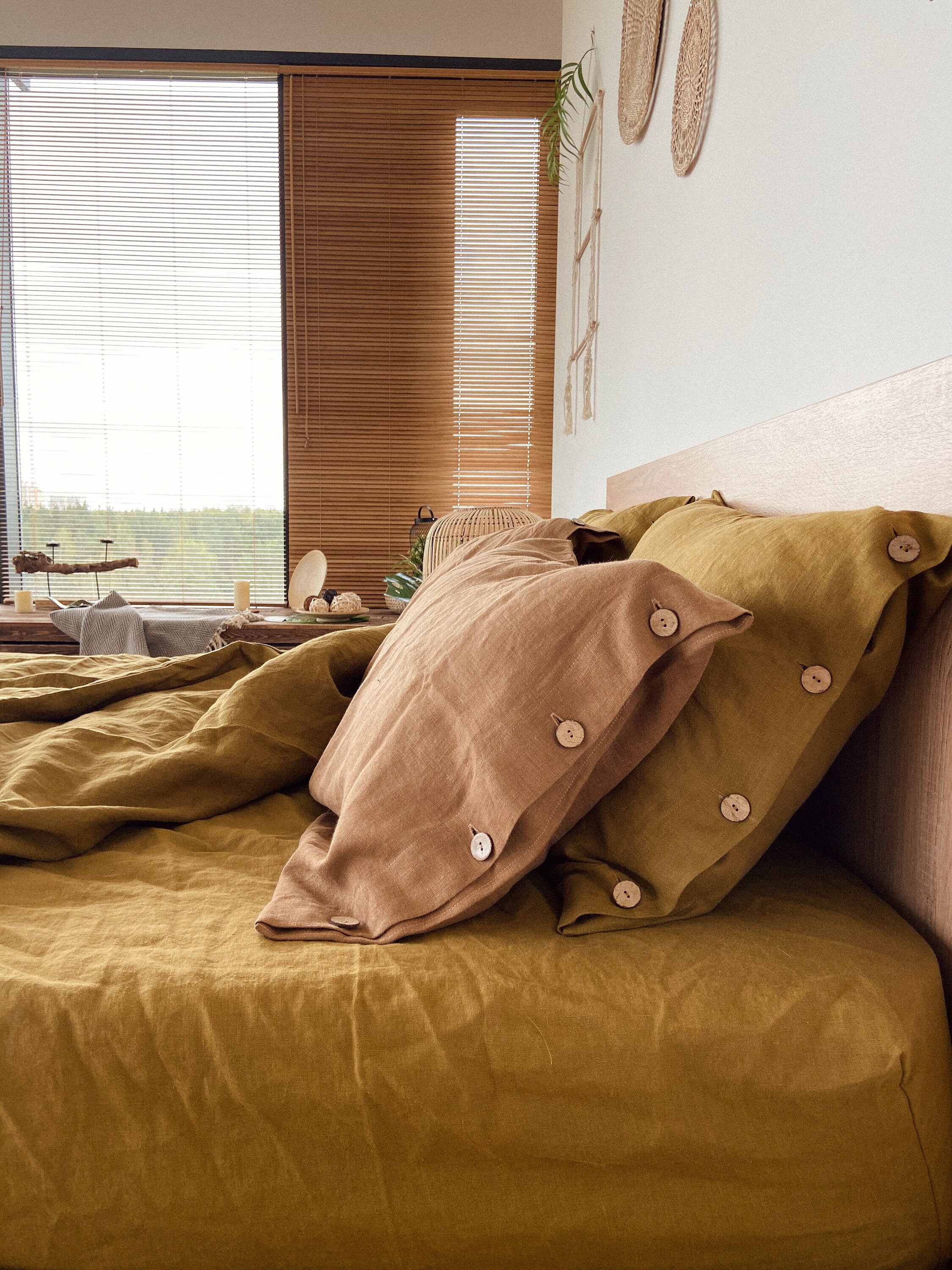 Linen pillowcase in CAMEL color with coconut buttons Natural Etsy