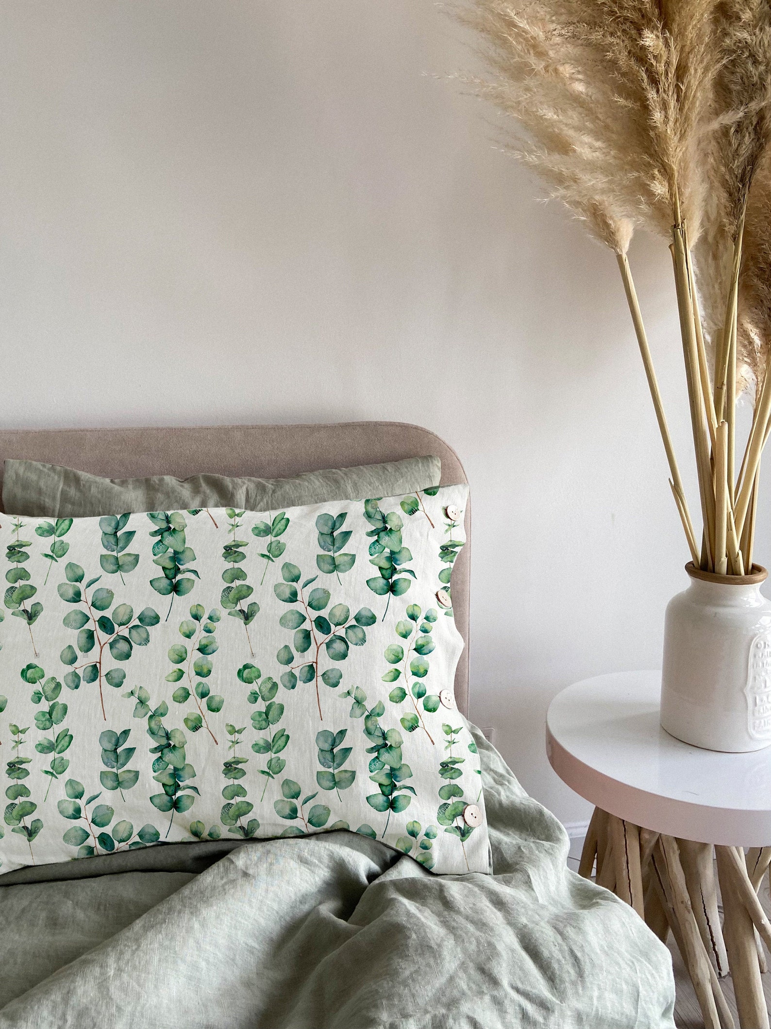 Linen pillowcase with EUCALYPTUS print Natural washed linen Etsy
