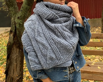 Knitted Scarf Pattern . Unisex Blanket Scarf knitting Tutorial . Chunky Shawl Knitting Pattern .