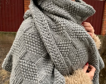 Easy Knitting Scarf Pattern . Oversized Knitting Scarf Tutorial . Unisex Blanket Scarf Knitting Pattern . Chunky knitting scarf description